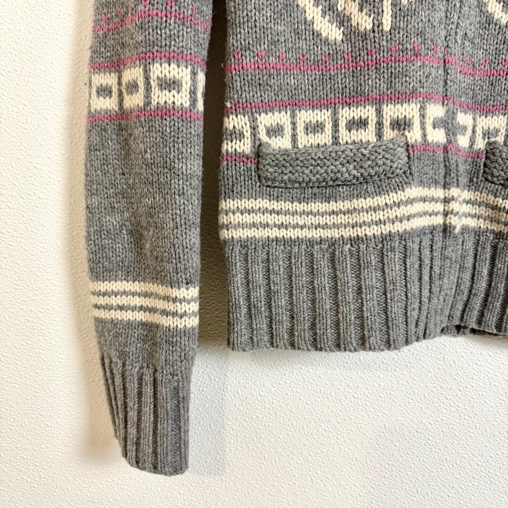 TNA 100% Lambswool Deer Fair Isle Zip Cardigan Sweater Medium Grey Nordic Cabin - Picture 5 of 15